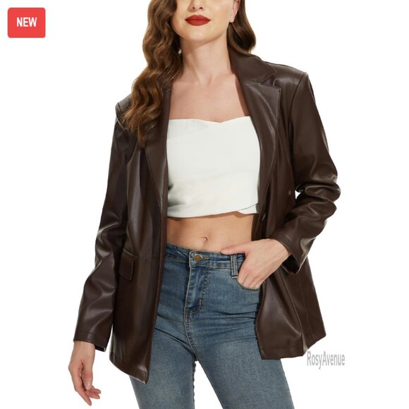 Oversized Vegan Leather Blazer Jacket Moto Biker Coat Fashion